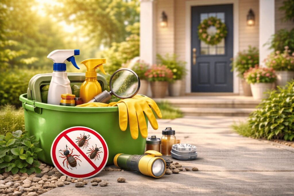 bucket of home pest control supplies on a sunlit front‑yard walkway