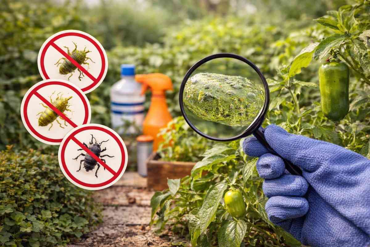 inspecting garden leaves for pests with "no insects" warning icons