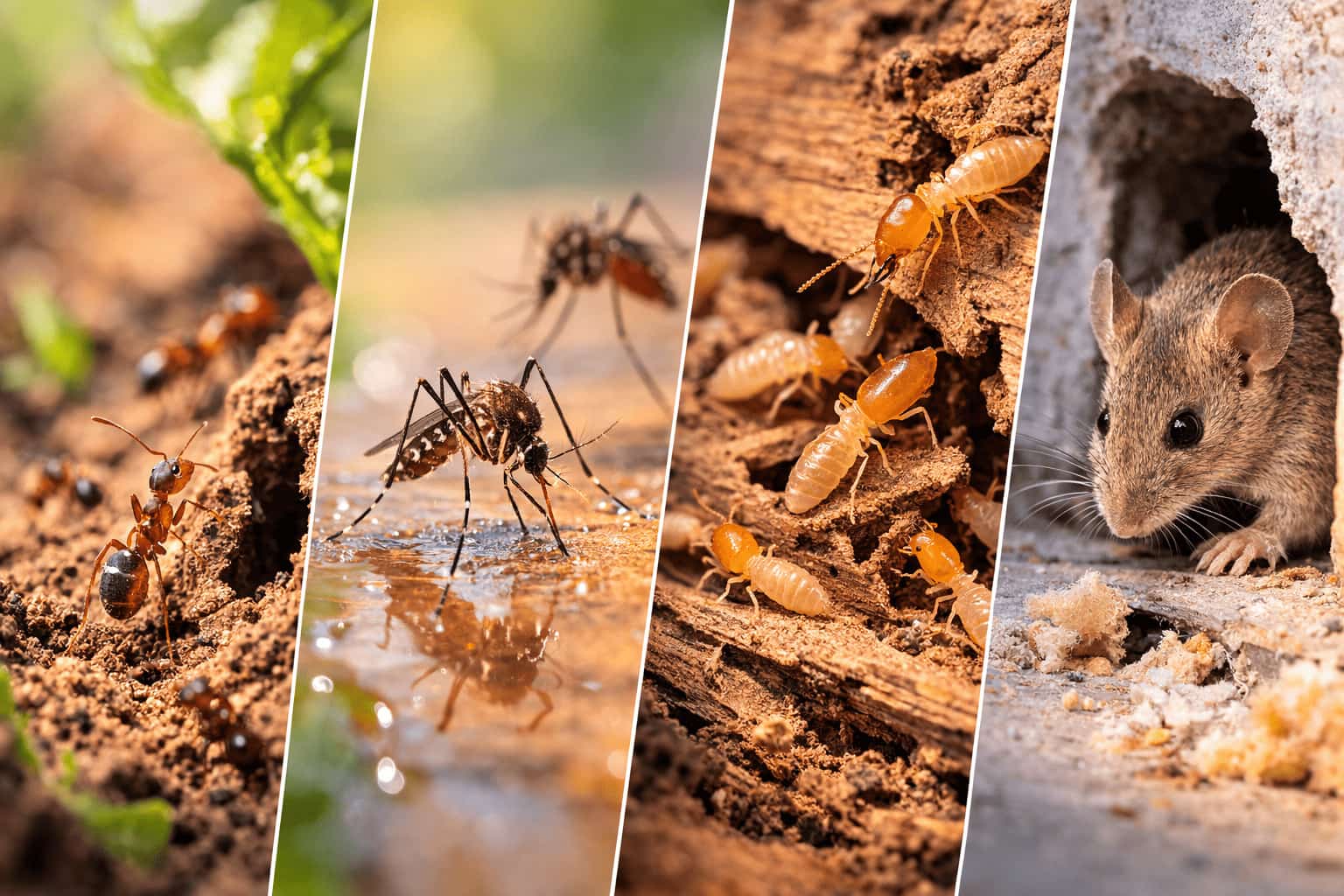 Images of pests including ants, a mosquito, termites, and a mouse in their habitats
