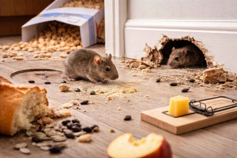 two house mice by a chewed hole in a baseboard amid scattered food and a nearby mousetrap