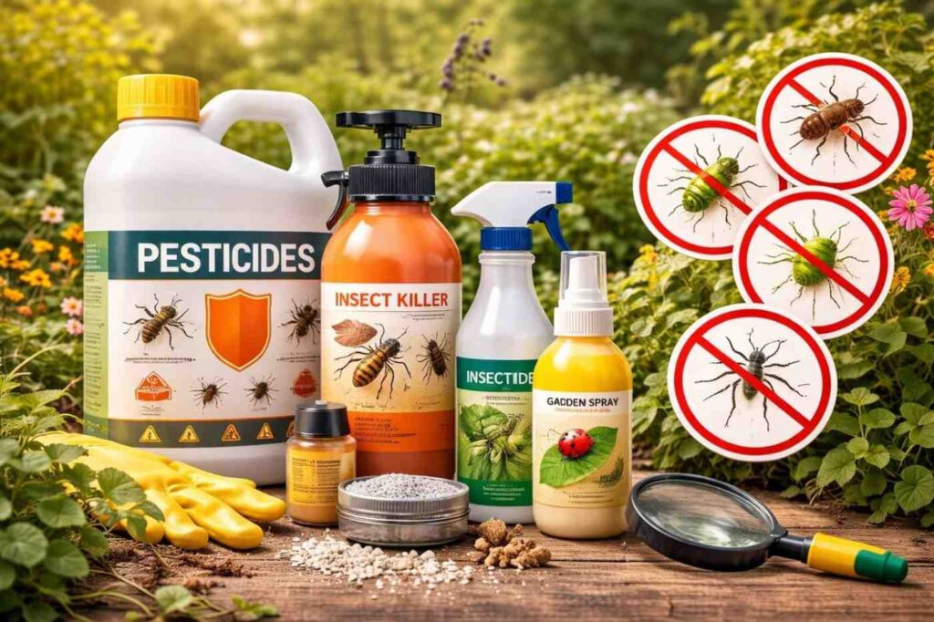 garden pest control products and no-pest icons on a wooden table