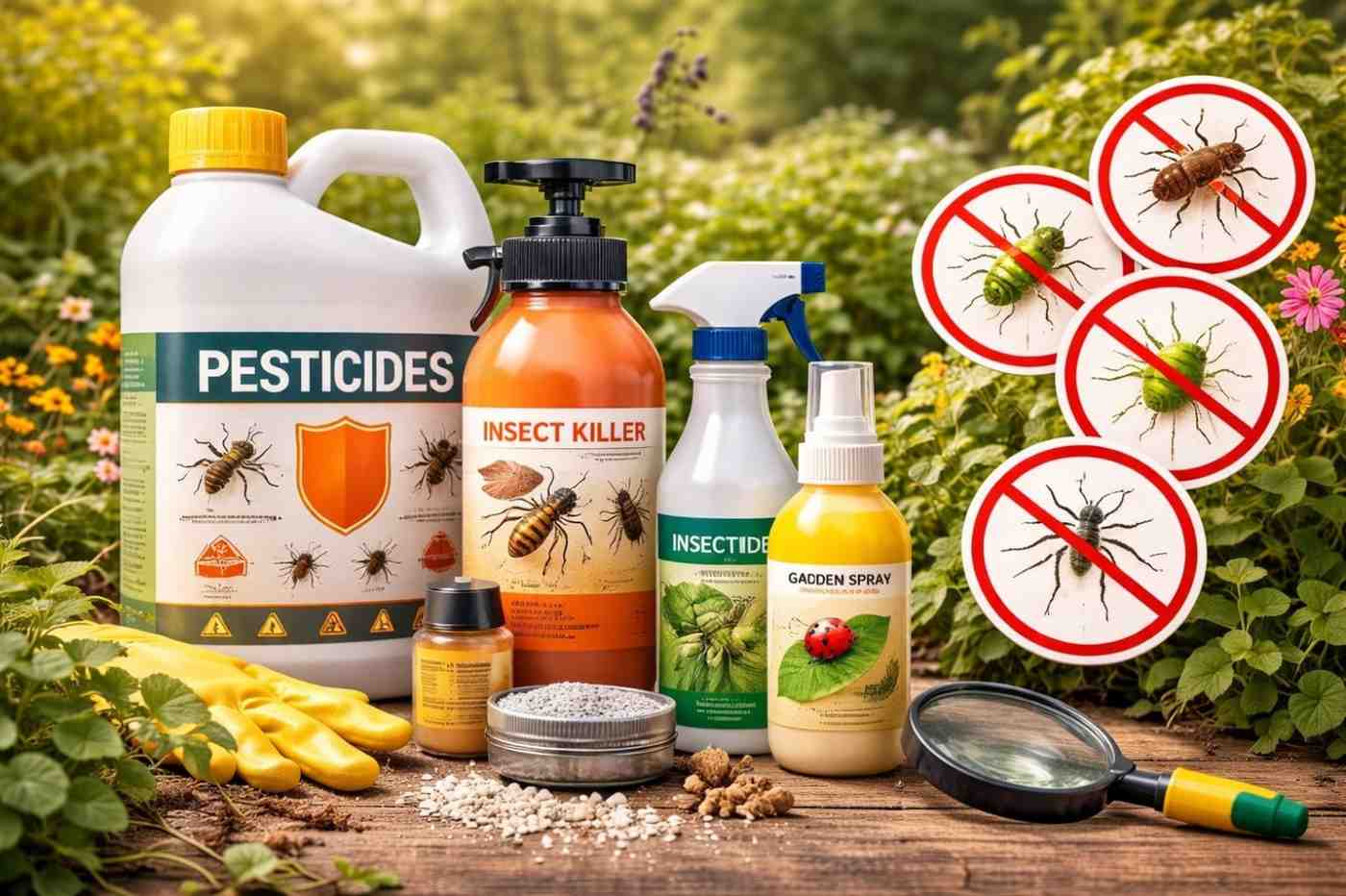garden pest control products and no-pest icons on a wooden table