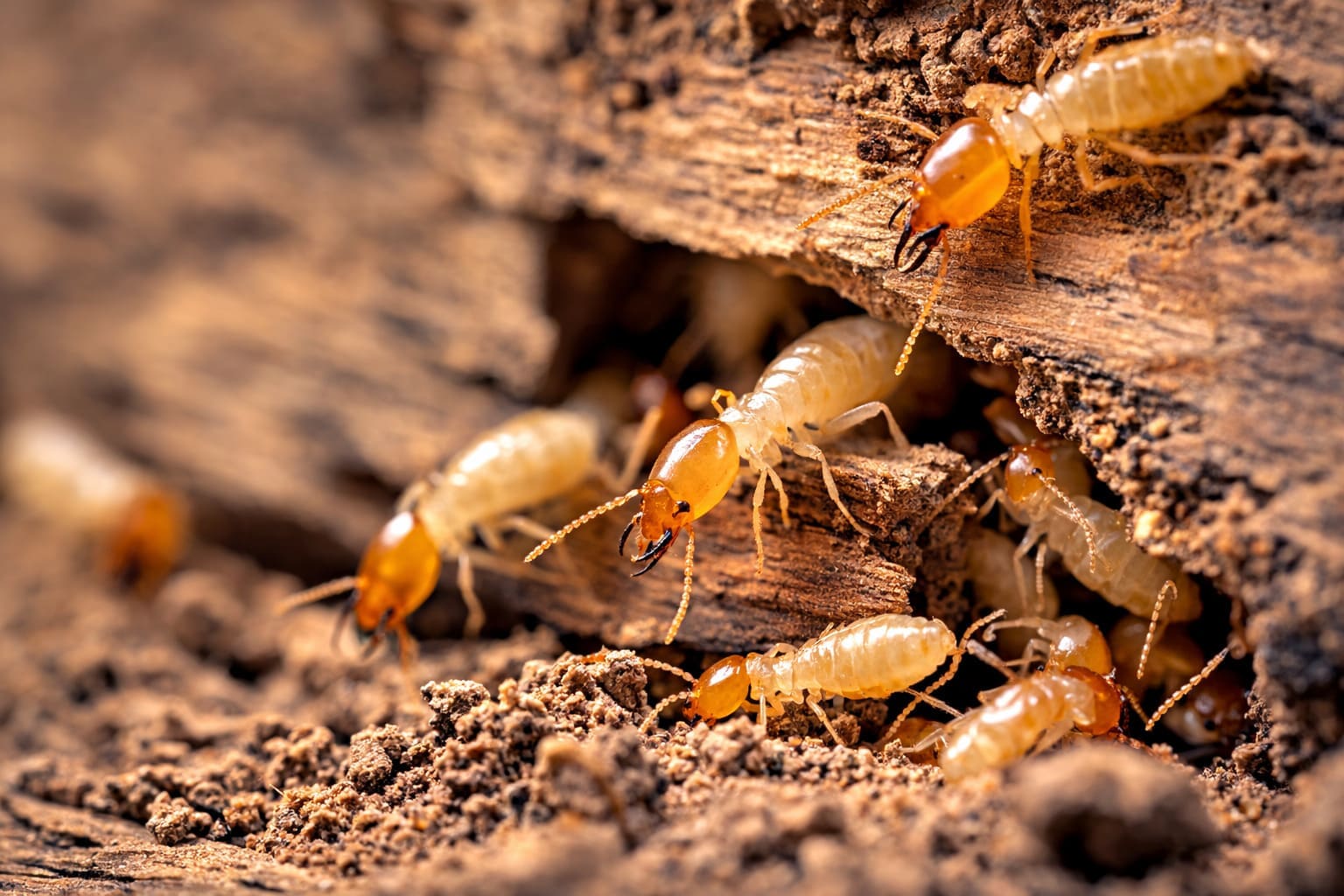 Termite colony feeding on wood with visible tunnels and wood dust