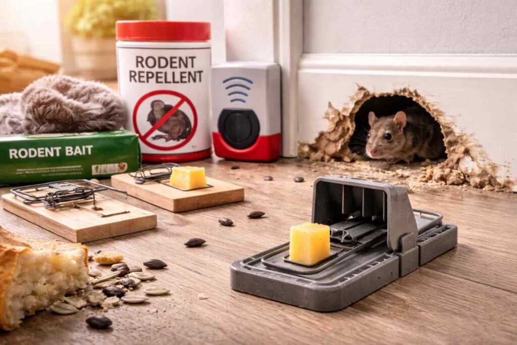 Rodent control tools in kitchen setting