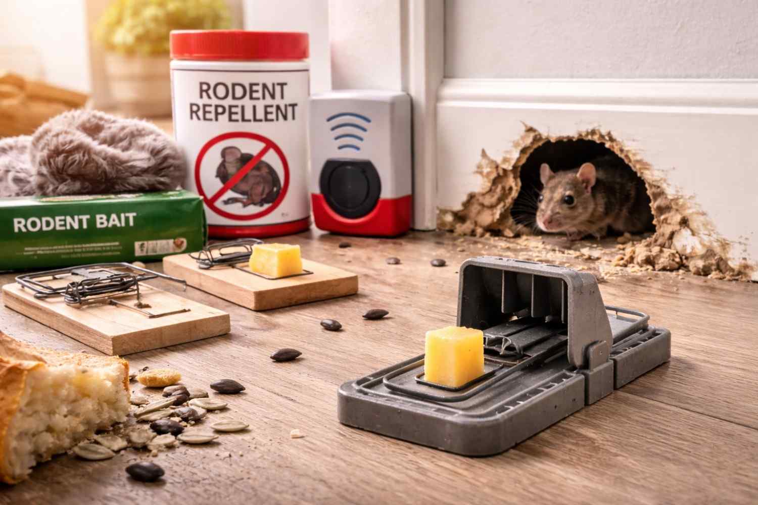 Rodent control tools in kitchen setting